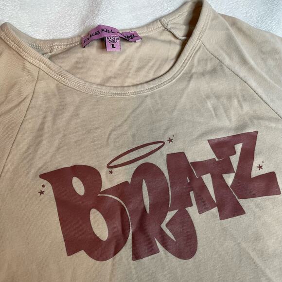 DOLLSKILL X BRATZ Cream Tan Lettuce Hem Cropped Tee Shirt Large‎ Y2K - Picture 3 of 3